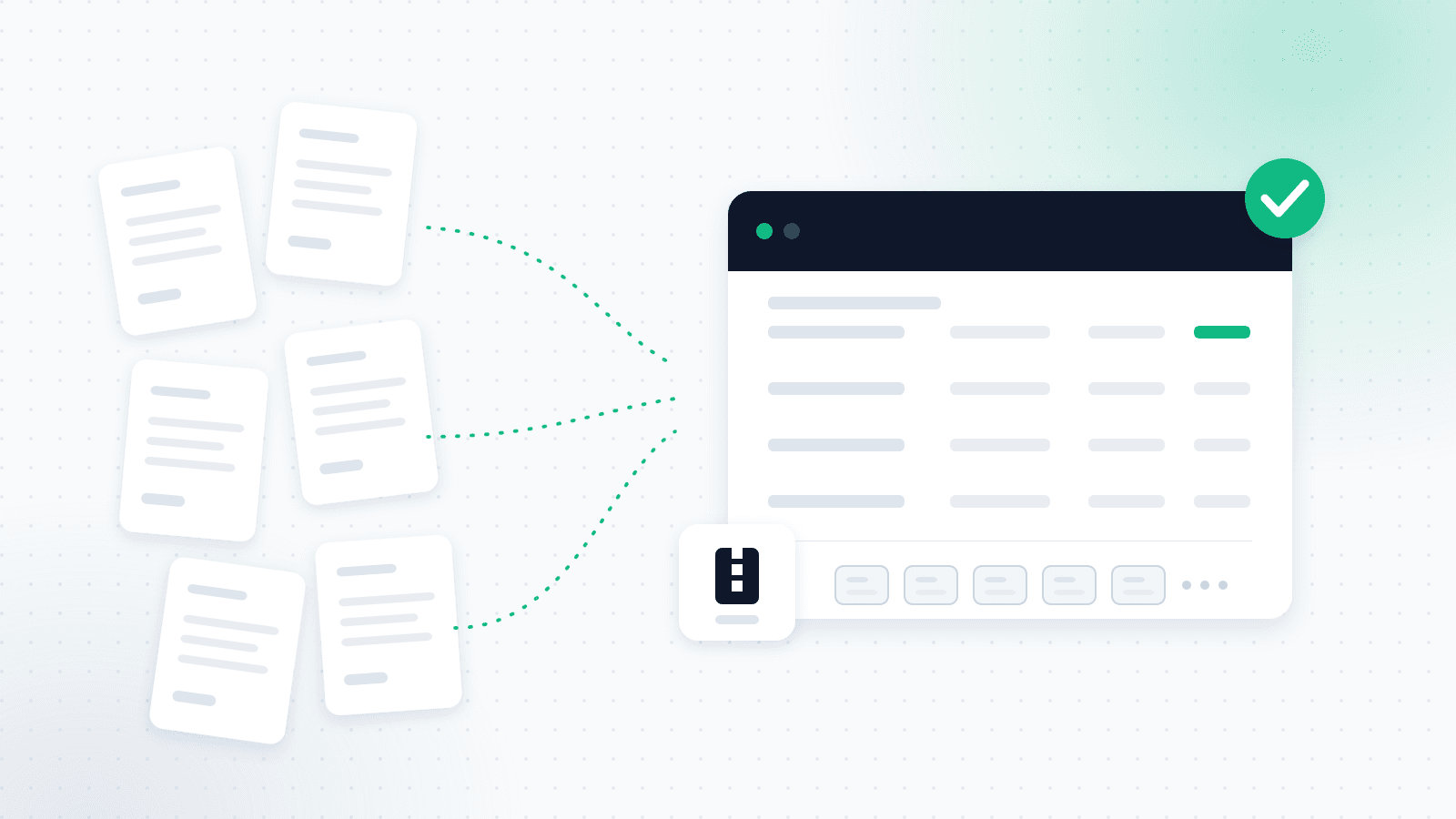 Illustration of scattered invoices converging into a single report package handed to an accountant
